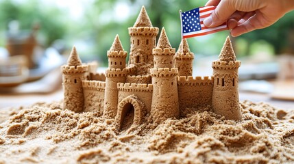 detailed sandcastle with american flag, celebrating independence day and summer fun