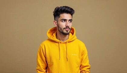 Obraz premium Portrait of Young Man in Yellow Hoodie Modern Casual Fashion on Brown Background