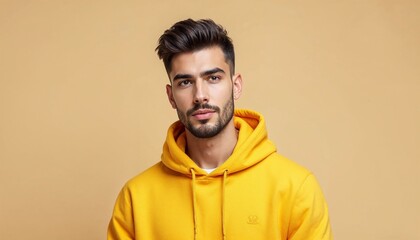 Obraz premium Portrait of Young Man in Yellow Hoodie Modern Casual Fashion on Warm Beige Background