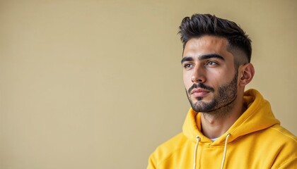 Obraz premium Portrait of Young Man in Yellow Hoodie Casual Fashion with Neutral Background