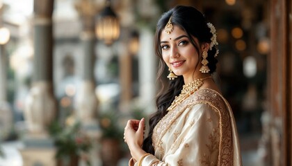 Fototapeta premium Portrait of Beautiful Young Woman in Traditional Indian Saree and Jewelry – Elegant Ethnic Fashion Photography