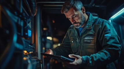 Focused Technician Inspecting Industrial Vehicle