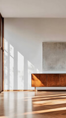 Fototapeta premium Natural light streams through large windows casting elongated shadows on the polished wooden floor