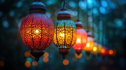 Enchanted Evening: A String of Colorful Lanterns Illuminating a Mystical Night