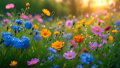 spring flowers in the garden Beautiful flowers bloom in a vibrant field, illuminated by the warm hues of a sunset sky