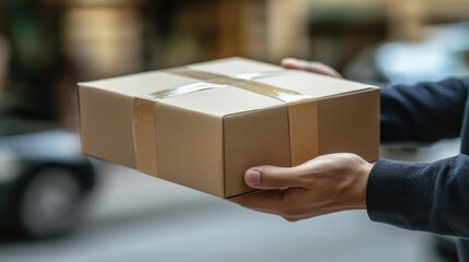 Businessman receiving package delivery at urban street action shot professional environment close-up view