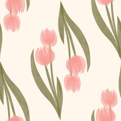 Obraz premium Seamless watercolour and unique floral pattern background for covers, notes, Soft backgrounds colour. Watercolour art work. Flower stalk. Tulip. 