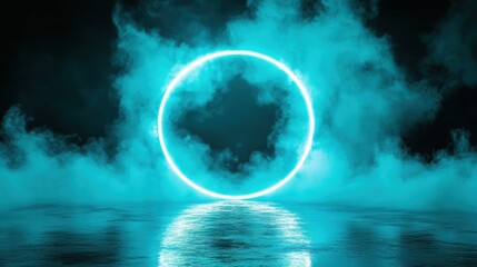 Futuristic neon teleportation portal glowing blue in ethereal environment digital art concept