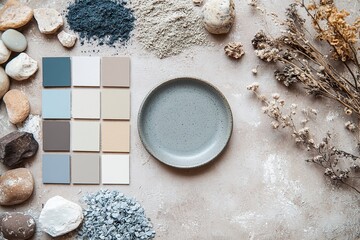  Artistic composition of various stone slabs in circles, squares, rectangles, and circular plates, stacked in layers, showcasing neutral tones against a light beige background, 
