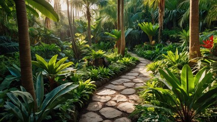 Stone Path Through Tropical Jungle Garden with Lush Greenery