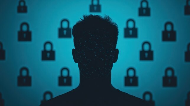 a human silhouette surrounded by broken data bubbles and password symbols, visualizing stolen personal data