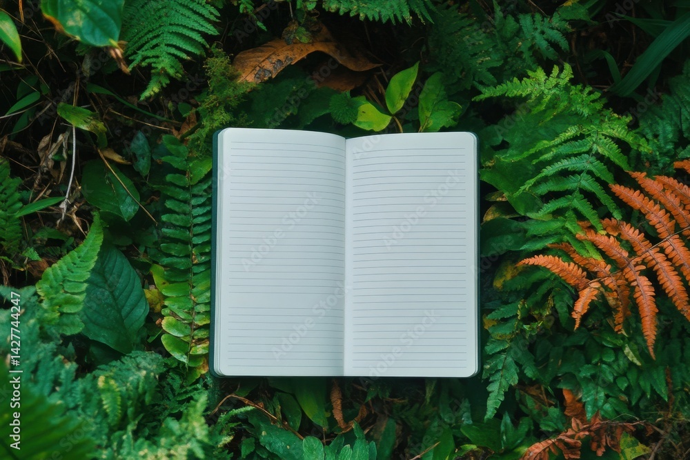 Poster high resolution visual of blank notebook flat lay with plants