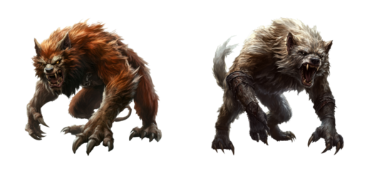 Two menacing werewolf, monster, teeth, fur, fantasy, beast, isolated, cut out transparent
