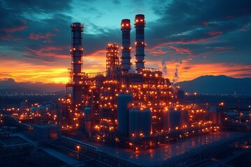 A large industrial facility brightly illuminated at beautiful sunset