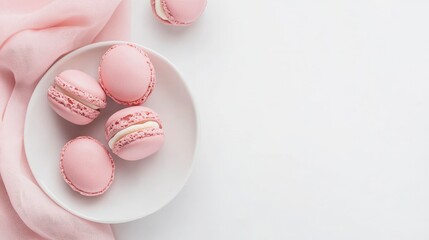Fototapeta premium Pink Macarons on White Plate with Pastel Background