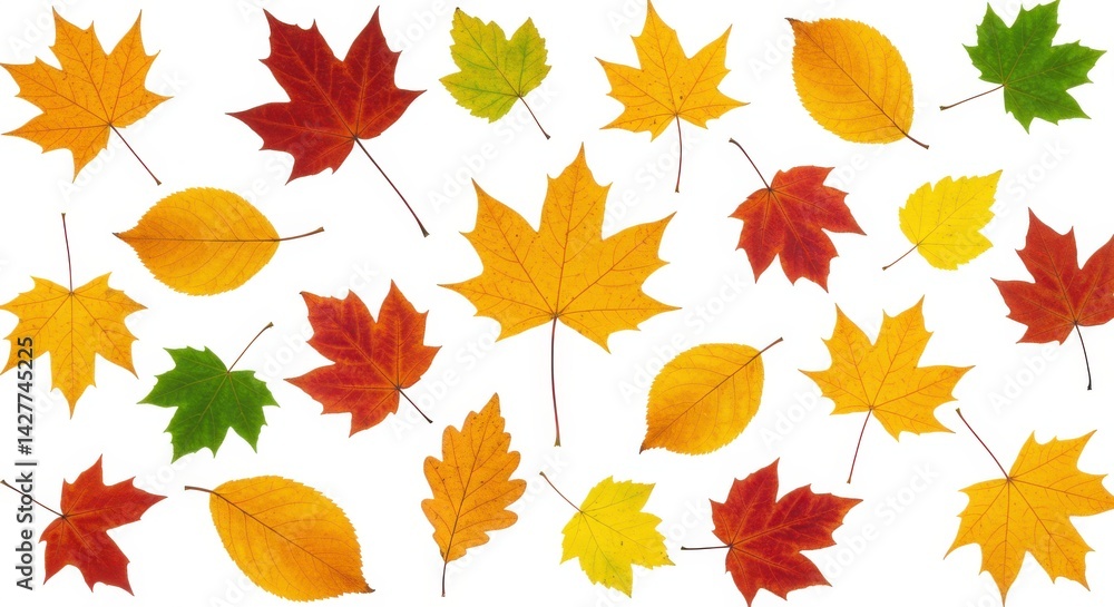 Poster a collection of various autumn leaves in different colors isolated on a white background showing fal