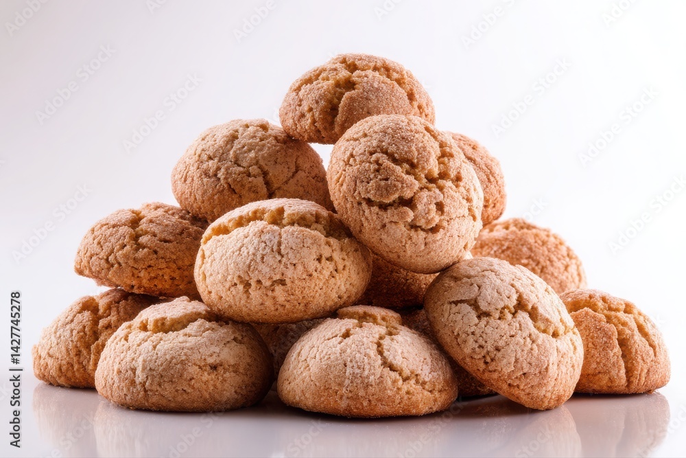 Poster a close up shot of a pile of amaretti cookies on a white surface in a studio setting with bright lig