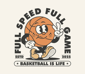Funny retro basketball cartoon character, perfect for t shirts, posters, stickers, prints, and more. Vector illustration in vintage style © luqart97