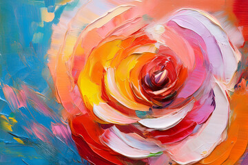 Abstract art painting colorful swirls of pink and orange  with rose floral art create a vibrant wallpaper pattern.