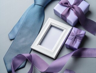 Tie, Gifts and Frame on Gray Table