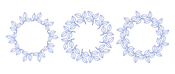 Mediterranean blue branches circle frame set. Hand drawn round line border, leaves and flowers, wedding invitation and cards, logo design and posters template. Elegant minimal style floral set