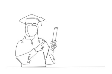 Graduation female student in continuous one line drawing. Single line art illustration of woman wearing graduation gown and cap. Editable vector.