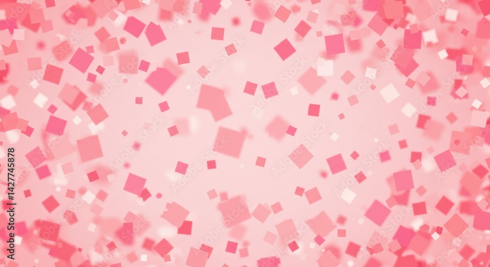 Poster a pink background with many small squares scattered randomly across the entire composition space