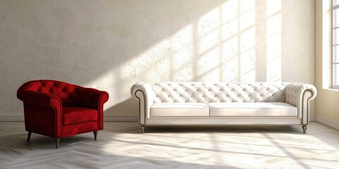 A contemporary armchair and modern sofa set in a bright, elegant room.