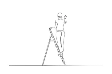 Woman climibing ladder continuous one line drawing. Single line art illustration of woman climbing ladder. Editable vector.