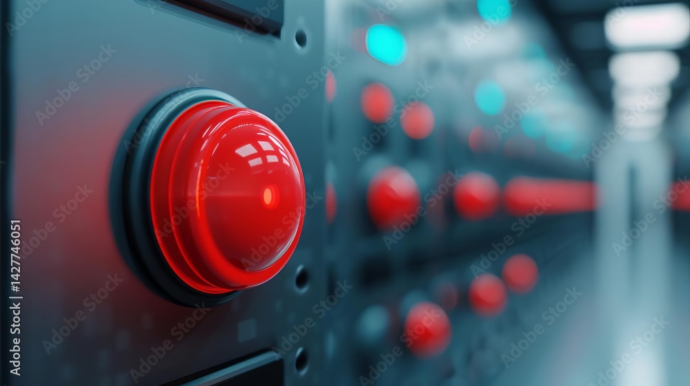 Poster close-up of a red push button on a metallic cabinet indicating control and functionality in an indus