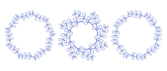 Obraz premium Mediterranean blue branches circle frame set. Hand drawn round line border, leaves and flowers, wedding invitation and cards, logo design and posters template. Elegant minimal style floral set