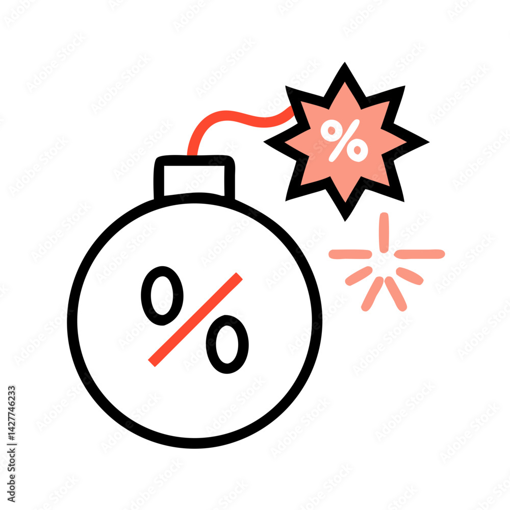 Poster exploding percent icon in bomb shape with minimal outline