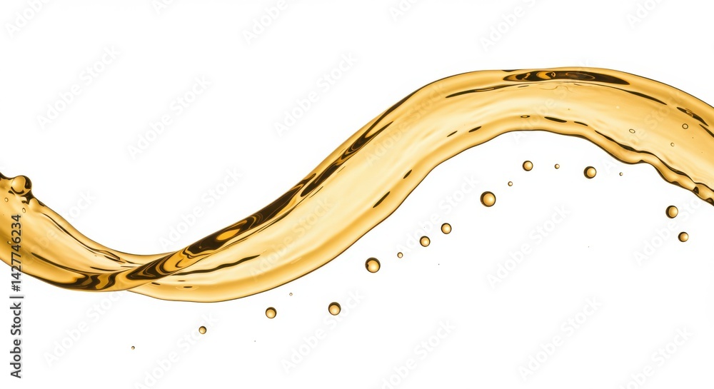 Poster a dynamic wave of golden liquid with scattered droplets against a pristine white background studio s