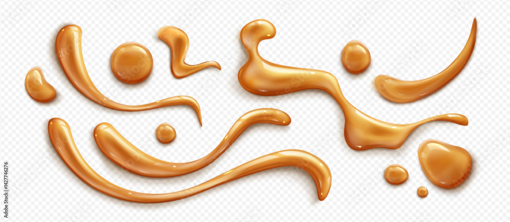 Poster caramel sauce dribbles and syrup splashes on transparent background. liquid brown toffee flow trails