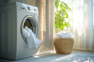 Laundry room scene with washing machine and basket