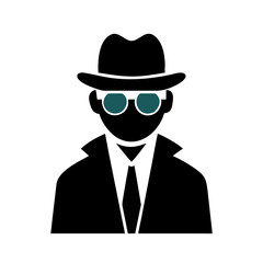 Spy avatar icon in black suit and hat silhouette style