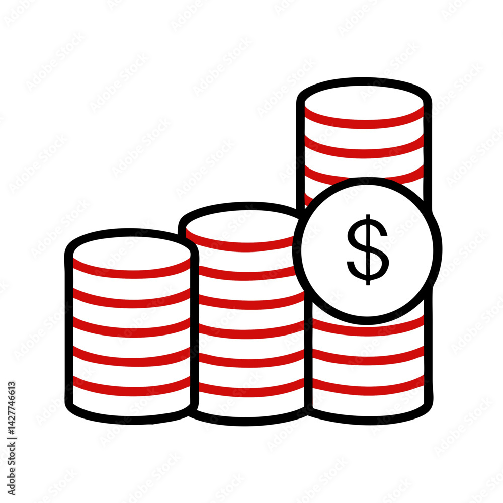 Poster coin stack icon with dollar symbol in red and black style