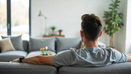 A young woman is relaxing on a sofa at home, casually sitting and smiling while looking at her laptop in the living room, enjoying a comfortable lifestyle