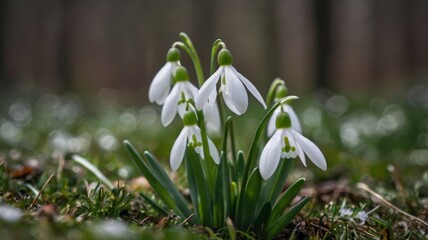 White snowdrop flowers bloom in the spring snow, a beautiful closeup of nature's floral beauty