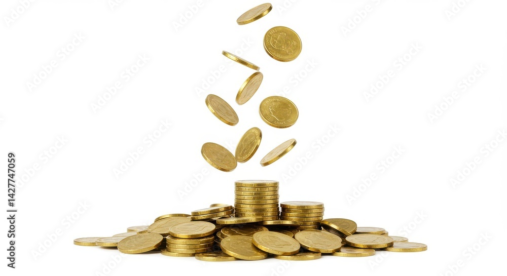Poster falling golden coins stacking on a pile against a white background in a studio setting shot close up
