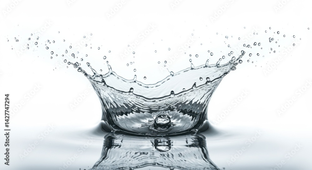 Poster close up shot of a water droplet creating a splash with a white background and reflection below