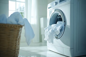 Laundry day in a modern home. Clothes being loaded into a washing machine