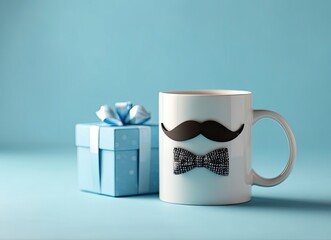 Coffee Mug with Mustache and Bow Tie Next to Blue Gift