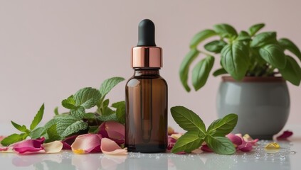 Natural essential oil with lavender flowers offers aroma therapy for spa relaxation and body care, a beauty and wellness ritual in a bottle