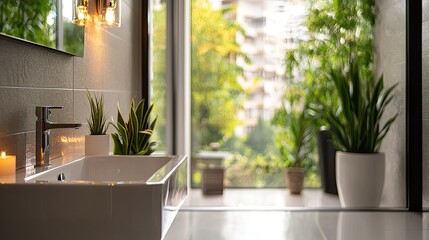 Fototapeta premium Modern Bathroom Design with Natural Light and Indoor Plants