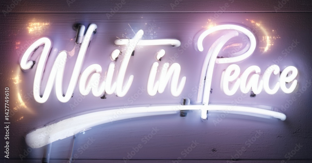 Poster bright neon sign displays wait in peace. purple hues dominate background, creating calming aesthetic