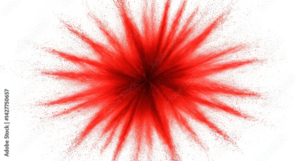 Poster red powder explosion against a white background with a radial burst pattern of color and texture