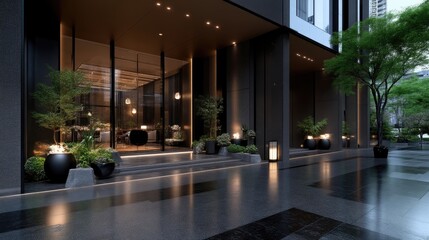 Modern, sleek hotel entrance with a sophisticated Japanese aesthetic.  Tranquil atmosphere, outdoor seating area, and elegant design elements