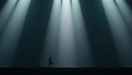 Lone traveler walking under dramatic light beams in vast empty space