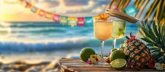 A vibrant tropical cocktail setup perfect for Cinco de Mayo celebrations, featuring margaritas and festive decorations that evoke a relaxed summer fiesta atmosphere.